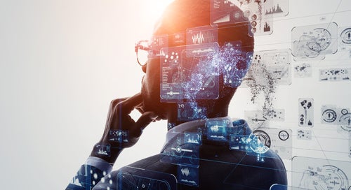 A concept image of AI. A man is thinking, with his back to the viewer, with streams of information coming from his head. 