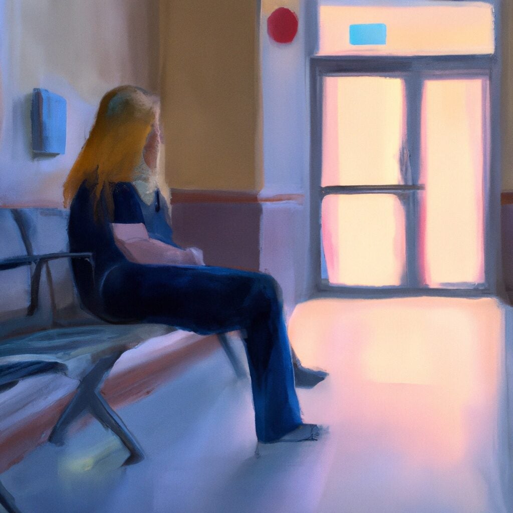 An AI-generated oil painting of a woman sitting alone in a hospital waiting room.