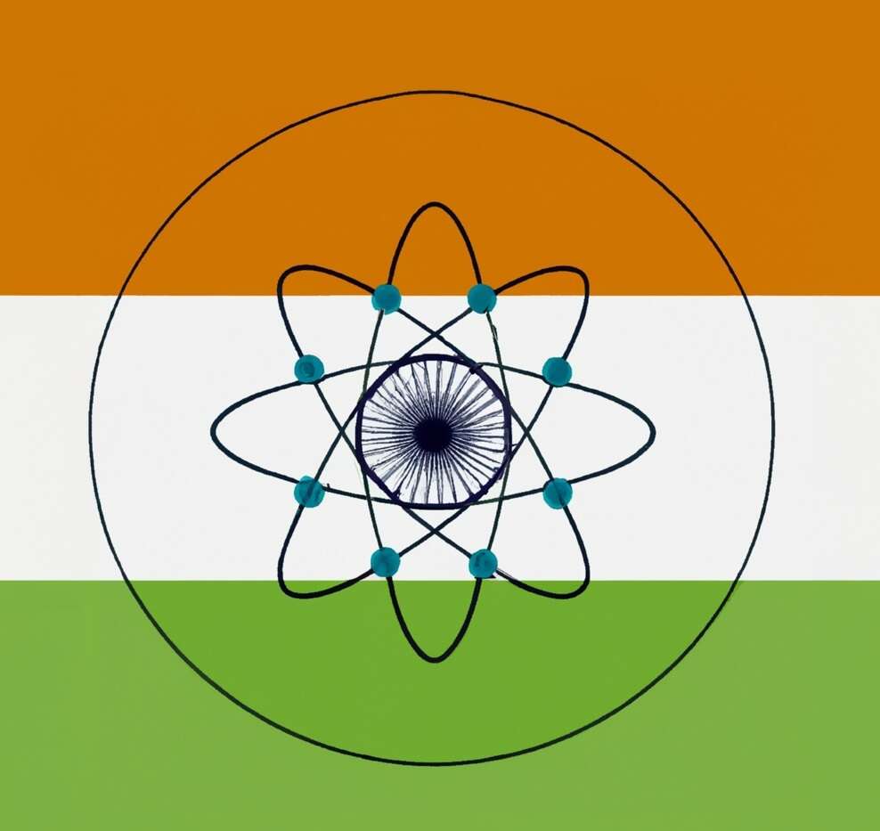 The Indian flag, its traditional central wheel and spoke symbol replaced with a representation of the atom.