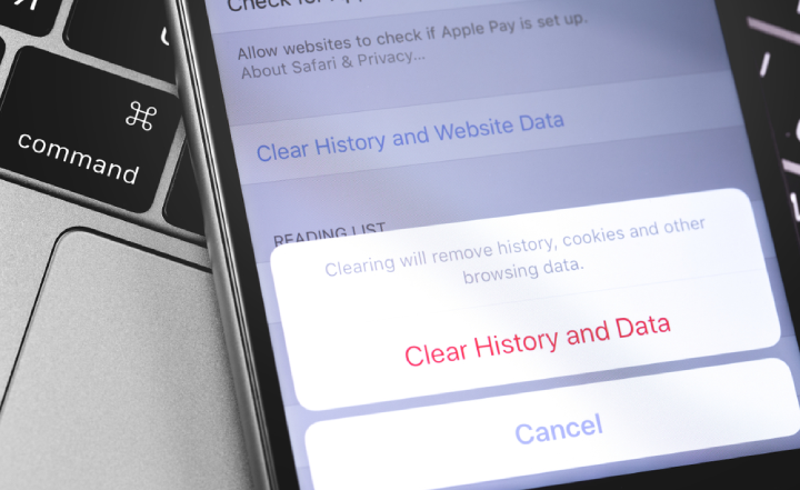 Closeup of Apple iPhone official browser Safari remove history, cookies and cache data.